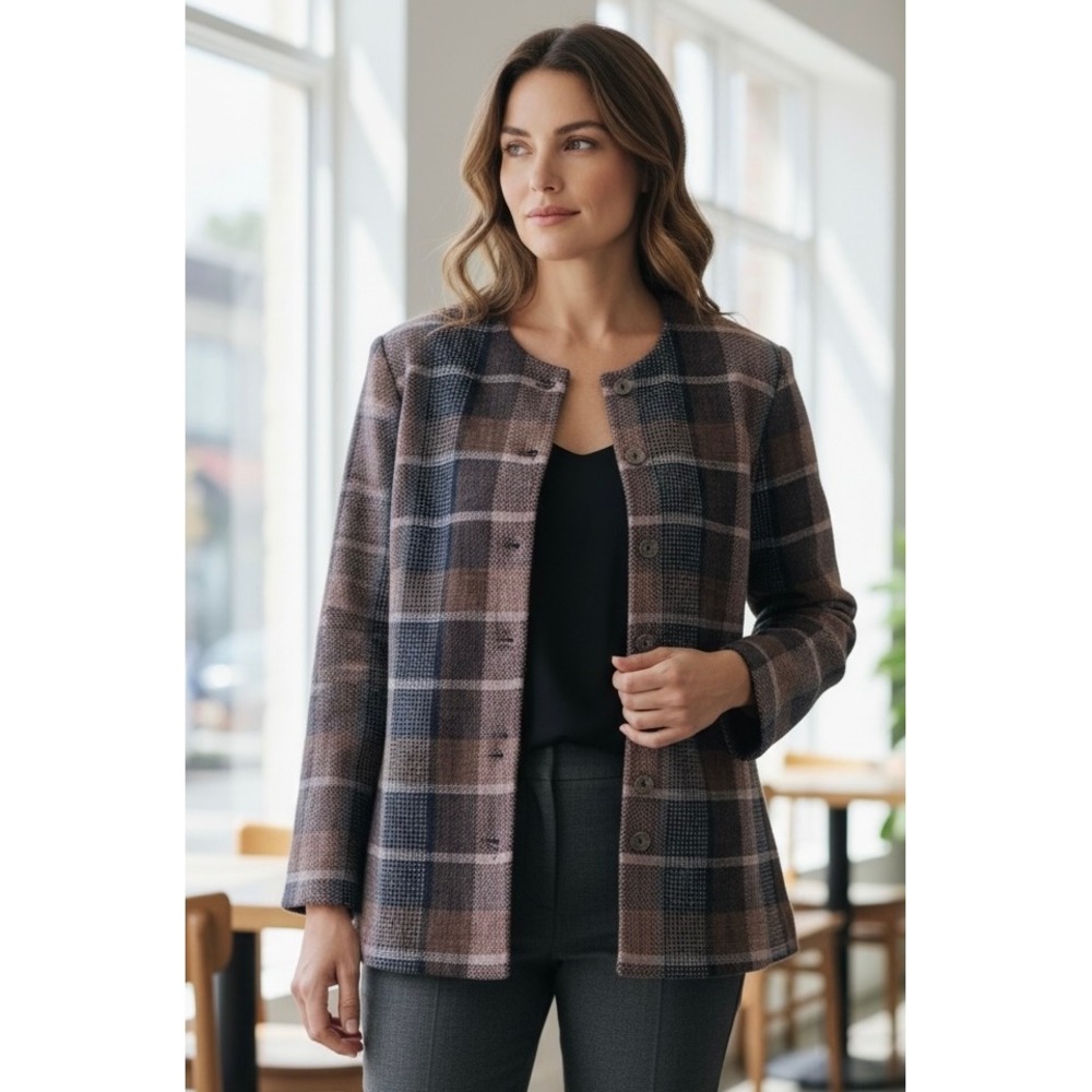 Alfred Dunner Woman Plaid Button Front Blazer Jacket 18W Brown Blue Pink